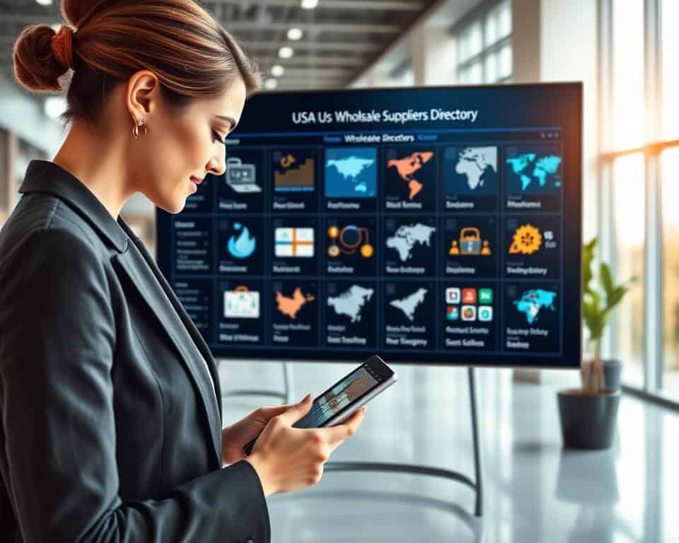 A detailed and vibrant scene depicting a sleek, modern office environment focusing on a digital interface showcasing a "USA Wholesale Suppliers Directory." In the foreground, a professional businesswoman dressed in smart attire is using a touchscreen tablet, engaged in searching for suppliers. The middle layer shows a large, interactive screen displaying various wholesale directories, with icons of different product categories and maps. The background features a bright office setting with large windows allowing natural light to illuminate the space, creating a feeling of openness and productivity. The mood is energetic and professional, reflecting the dynamic nature of business sourcing in the global market. Use soft, balanced lighting to enhance the focus on the directory and ensure clarity in the digital displays. A detailed and vibrant scene depicting a sleek, modern office environment focusing on a digital interface showcasing a "USA Wholesale Suppliers Directory." In the foreground, a professional businesswoman dressed in smart attire is using a touchscreen tablet, engaged in searching for suppliers. The middle layer shows a large, interactive screen displaying various wholesale directories, with icons of different product categories and maps. The background features a bright office setting with large windows allowing natural light to illuminate the space, creating a feeling of openness and productivity. The mood is energetic and professional, reflecting the dynamic nature of business sourcing in the global market. Use soft, balanced lighting to enhance the focus on the directory and ensure clarity in the digital displays.